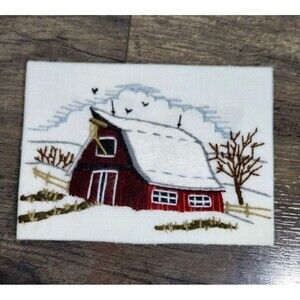 Vtg Jiffy Stitchery Crewel Winter Barn Finished 5x7 Country Farm Cottage Decor